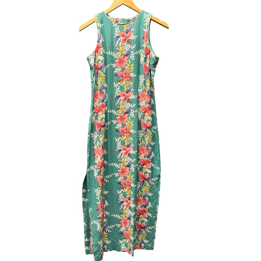 Vintage Young Hawaii Dress Floral Maxi Slit Sides Waiala Rayon USA Womens Small